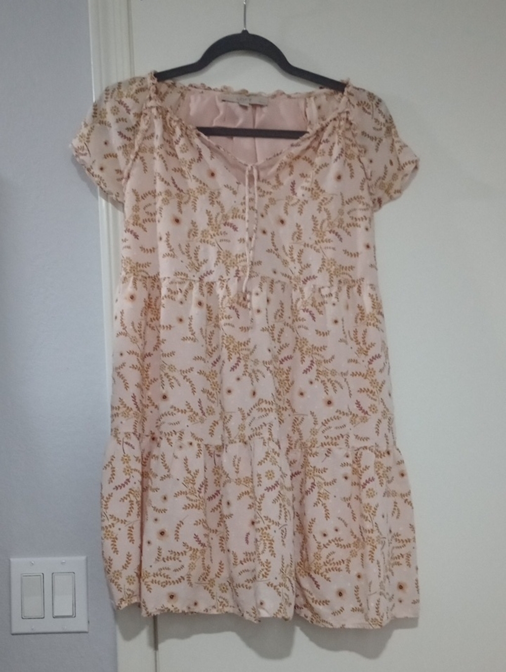 LOFT Light Pink Floral Tie-Neck Tiered Dress Dize SXP